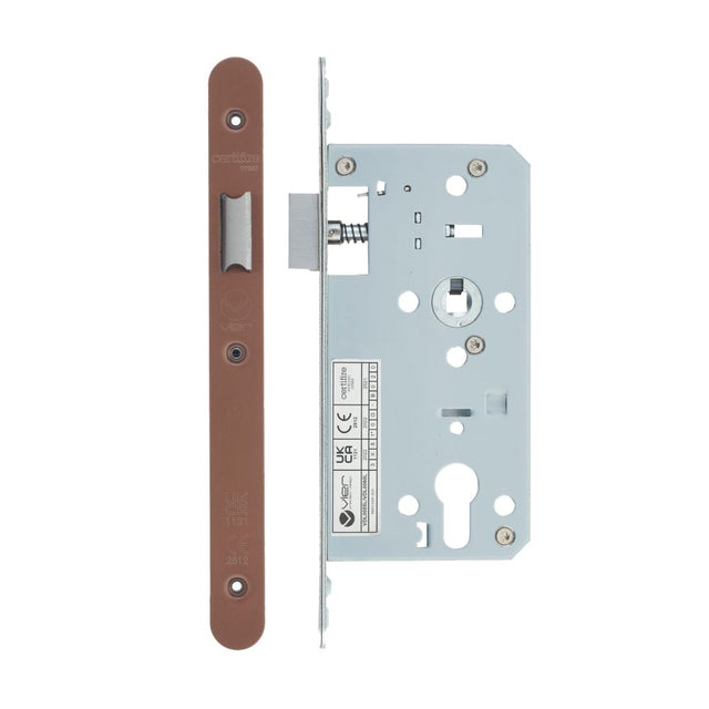 High quality image of the Vier - Din Latch - Backset 55mm - 2 Pc Forend - Radius - PVD Satin Bronze | Sku. vdl0055-l-r-pvdbz | available to order from Trade Door Handles.