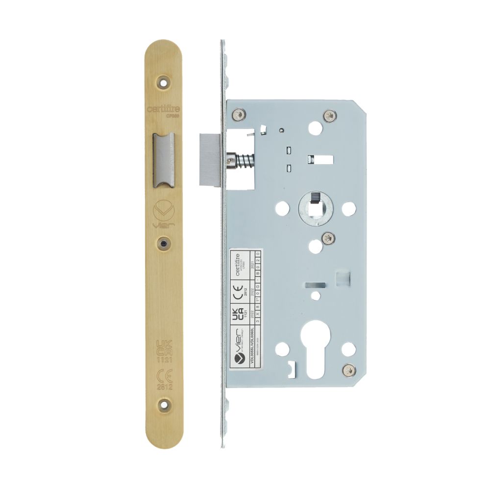 High quality image of the Vier - Din Latch - Backset 55mm - 2 Pc Forend - Radius - PVD Satin Brass | Sku. vdl0055-l-r-pvdsb | available to order from Trade Door Handles.