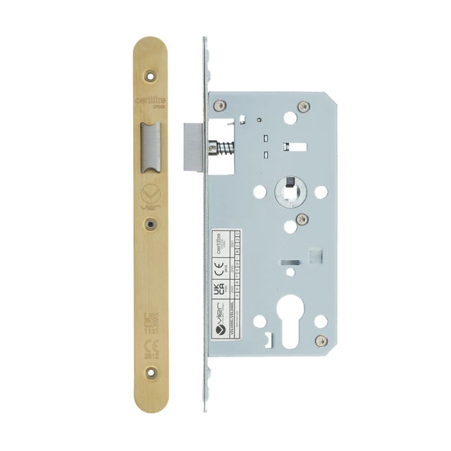 High quality image of the Vier - Din Latch - Backset 55mm - 2 Pc Forend - Radius - PVD Satin Brass | Sku. vdl0055-l-r-pvdsb | available to order from Trade Door Handles.