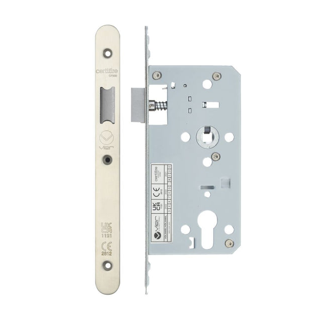 High quality image of the Vier - Din Latch - Backset 55mm - 2 Pc Forend - Radius - Stain Stainless Steel | Sku. vdl0055-l-r-sss | available to order from Trade Door Handles.