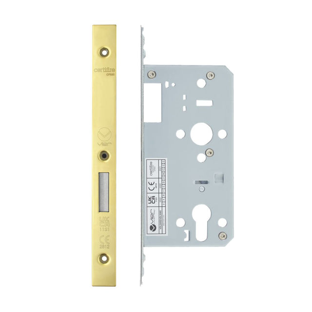 High quality image of the Vier - Din Euro Deadlock- Backset 55mm - 2 Pc Forend - Square - PVDG- Polished Brass Effect | Sku. vdl0055-pvdg | available to order from Trade Door Handles.