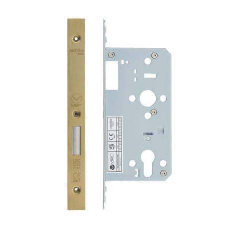 High quality image of the Vier - Din Euro Deadlock- Backset 55mm - 2 Pc Forend - Square - PVDSB - Satin Brass Effect | Sku. vdl0055-pvdsb | available to order from Trade Door Handles.