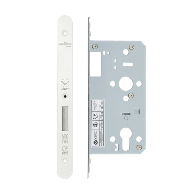 High quality image of the Vier - Din Euro Deadlock- Backset 55mm - 2 Pc Forend - Radius - PCW - Powder Coated White | Sku. vdl0055-r-pcw | available to order from Trade Door Handles.