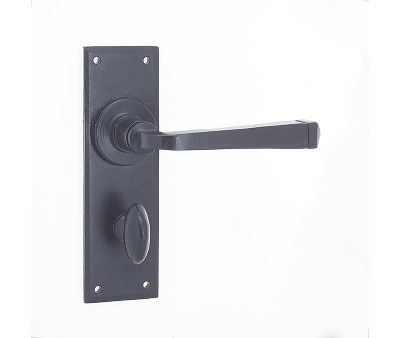 This is an image showing the Frelan - Valley Forge Bathroom Lock Handles on Backplate - Black available to order from Trade Door Handles in Kendal