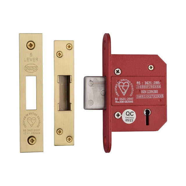 York Security Locks & Latches Satin Brass / 5 Lever Deadlocks / 2.5" / 65mm York Security - British Standard 5 Lever Deadlock 2 1/2" - Satin Brass