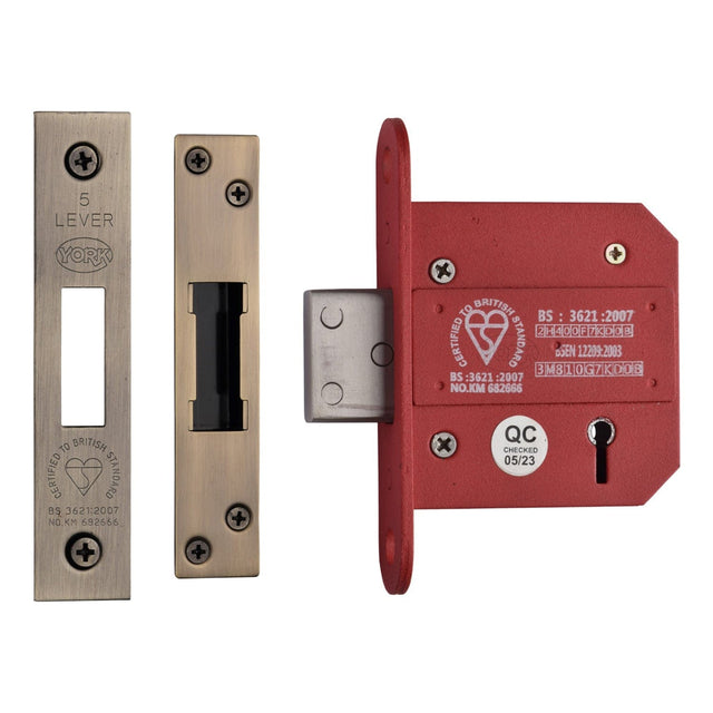 York Security Locks & Latches Antique Brass / 5 Lever Deadlocks / 3" / 76mm York Security - British Standard 5 Lever Deadlock 3" - Antique Brass