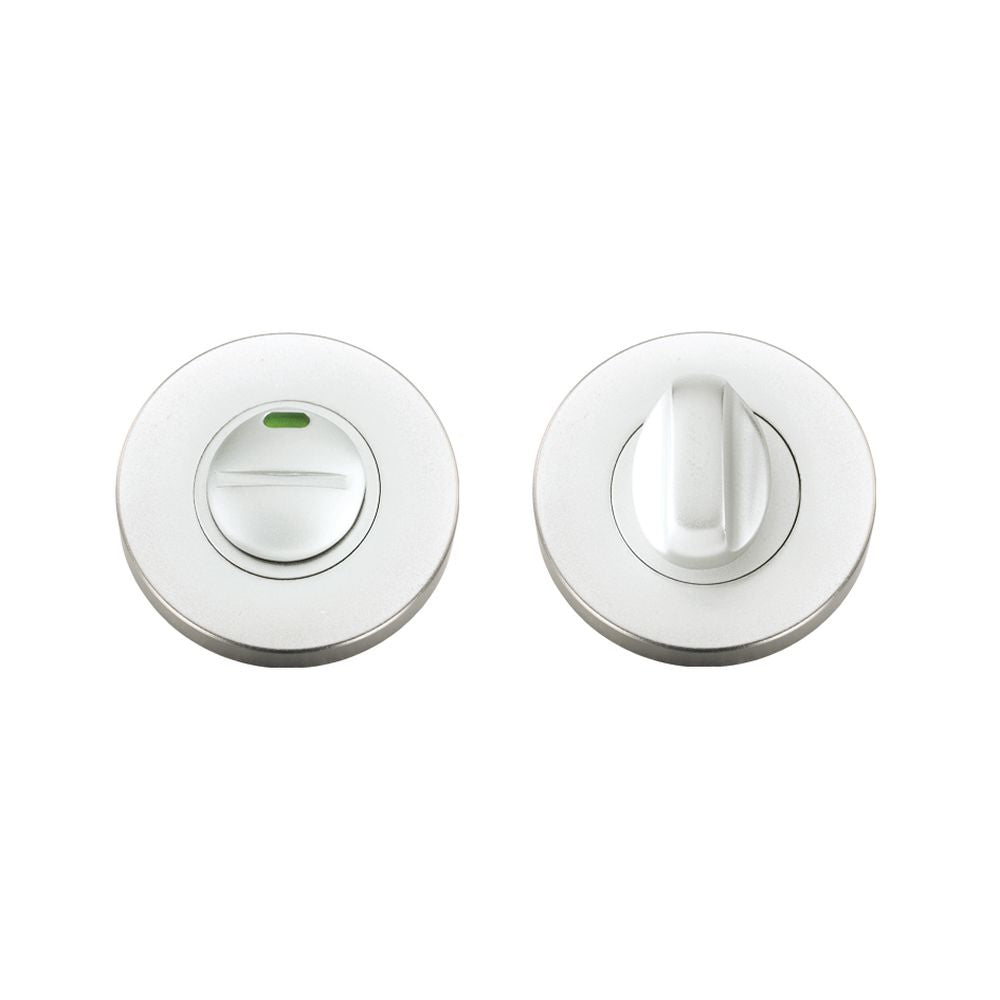 High quality image of the Zoo Hardware - Turn and Release complete with escutcheons c/w indicator and 5mm spindle 53mm dia - Satin Aluminium | Sku. zaa004isa | available to order from Trade Door Handles.