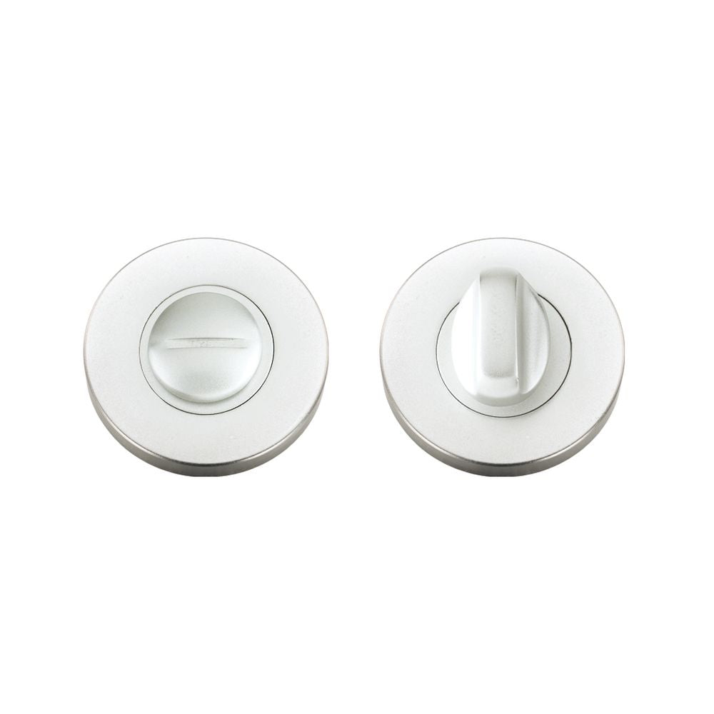 High quality image of the Zoo Hardware - Turn and Release complete with escutcheons and 5mm spindle 53mm dia - Satin Aluminium | Sku. zaa004sa | available to order from Trade Door Handles.