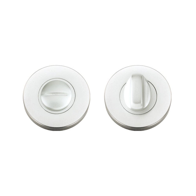 High quality image of the Zoo Hardware - Turn and Release complete with escutcheons and 5mm spindle 53mm dia - Satin Aluminium | Sku. zaa004sa | available to order from Trade Door Handles.
