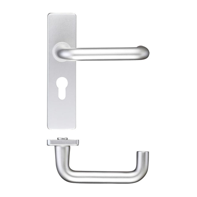 High quality image of the Zoo Hardware - Return to Door Lever on Europrofile Backplate (47.5MM) - Satin Aluminium | Sku. zaa011epsa | available to order from Trade Door Handles.