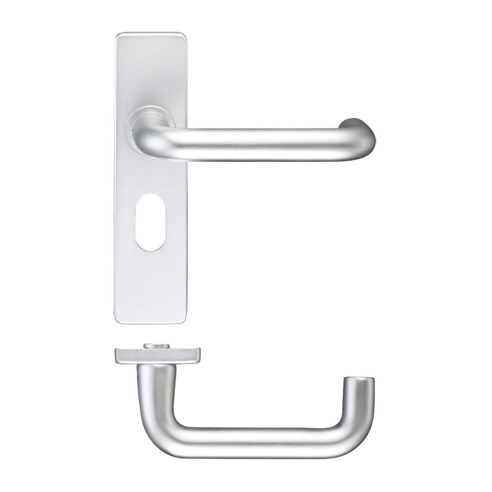 High quality image of the Zoo Hardware - Return to Door Lever on Oval Profile Backplate (48.5MM) - Satin Aluminium | Sku. zaa011opsa | available to order from Trade Door Handles.