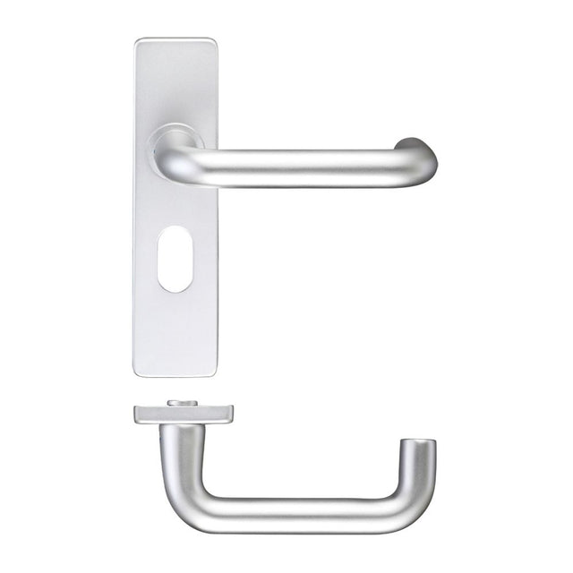 High quality image of the Zoo Hardware - Return to Door Lever on Oval Profile Backplate (48.5MM) - Satin Aluminium | Sku. zaa011opsa | available to order from Trade Door Handles.