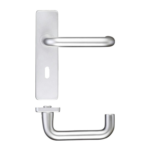 High quality image of the Zoo Hardware - Return to Door Lever on Lock Backplate - Satin Aluminium | Sku. zaa011sa | available to order from Trade Door Handles.