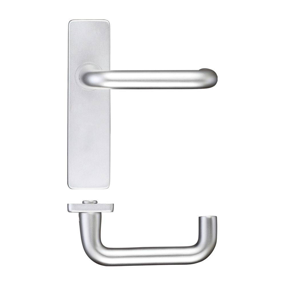 High quality image of the Zoo Hardware - Return to Door Lever on Latch Backplate - Satin Aluminium | Sku. zaa012sa | available to order from Trade Door Handles.