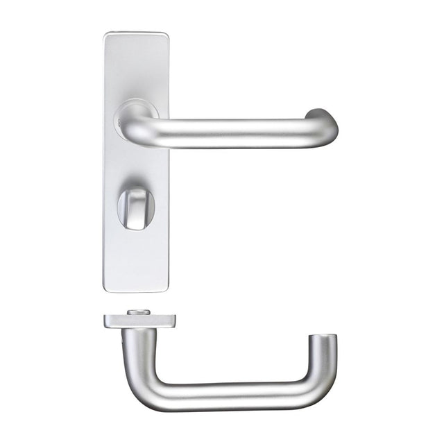 High quality image of the Zoo Hardware - Return to Door Lever on Bathroom Backplate - Satin Aluminium | Sku. zaa013sa | available to order from Trade Door Handles.