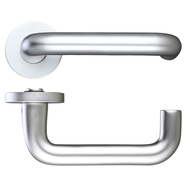 High quality image of the Zoo Hardware - 19mm Return to Door Lever on Round Screw on Rose - 53mm dia - Satin Aluminium | Sku. zaa030sa | available to order from Trade Door Handles.