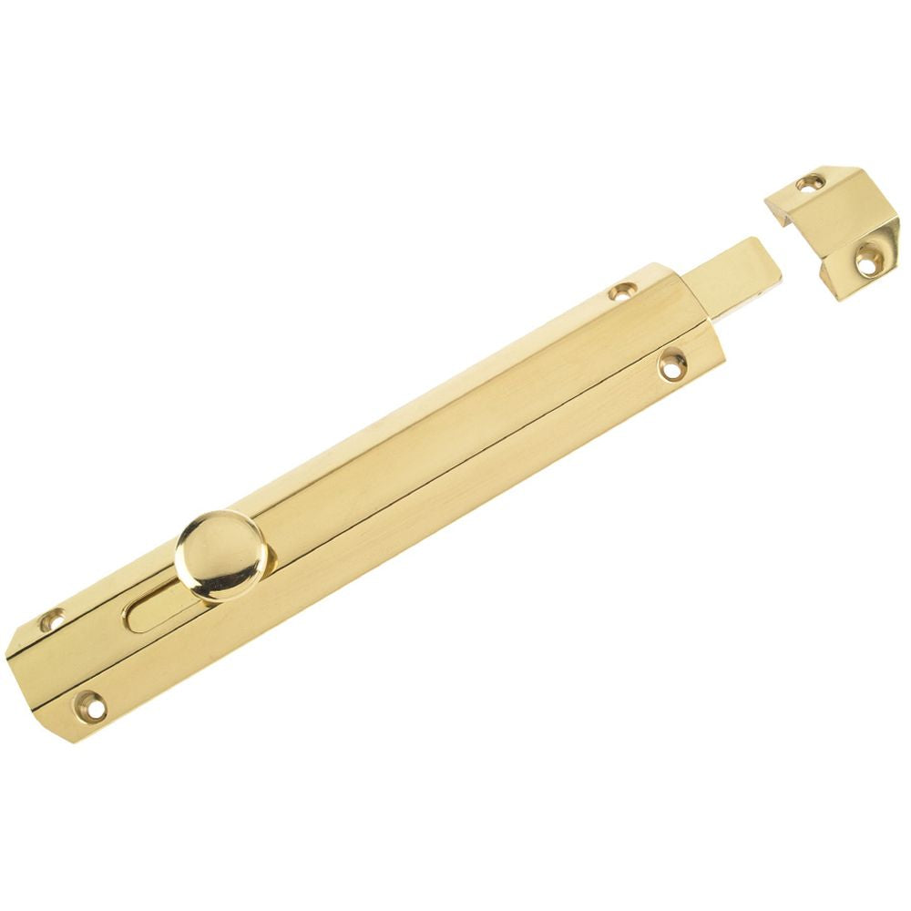 High quality image of the Zoo Hardware - Surface Bolt 202mm - Polished Brass | Sku. zab100c | available to order from Trade Door Handles.
