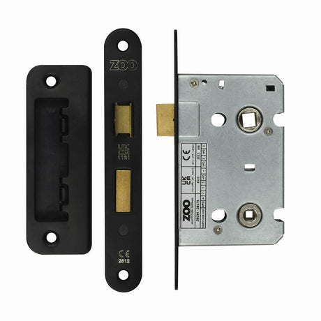 High quality image of the Zoo Hardware - Mortice Bathroom Lock, 64mm - 57mm Centres, Radius, Powder Coated Black Finish | Sku. ZBC64RPCB | available to order from Trade Door Handles.