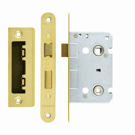High quality image of the Zoo Hardware - Mortice Bathroom Lock, 64mm - 57mm Centres, Radius, Polished Brass Finish - PVD Brass | Sku. zbc64rpvd | available to order from Trade Door Handles.
