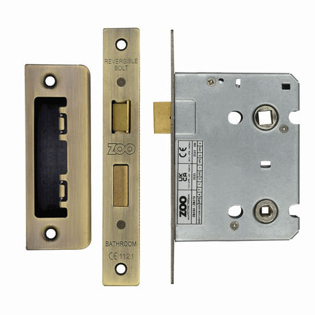 High quality image of the Zoo Hardware - Mortice Bathroom Lock, 76mm - 57mm Centres, Square, Antique Brass Finish | Sku. ZBC76AB | available to order from Trade Door Handles.