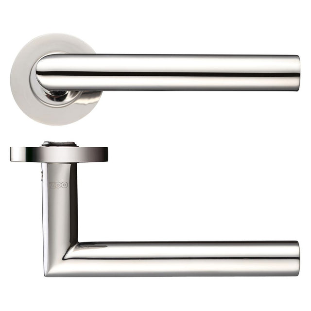 High quality image of the Zoo Hardware - 19mm Mitred Lever on Round Rose - Grade 304 - Polished Stainless Steel | Sku. zcs010ps | available to order from Trade Door Handles.
