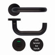 High quality image of the Zoo Hardware - 19mm Lift to Lock Tubular Return to Door Lever set -Push On Rose - Grade 304 - PCB - Black | Sku. zcs030ll-pcb | available to order from Trade Door Handles.