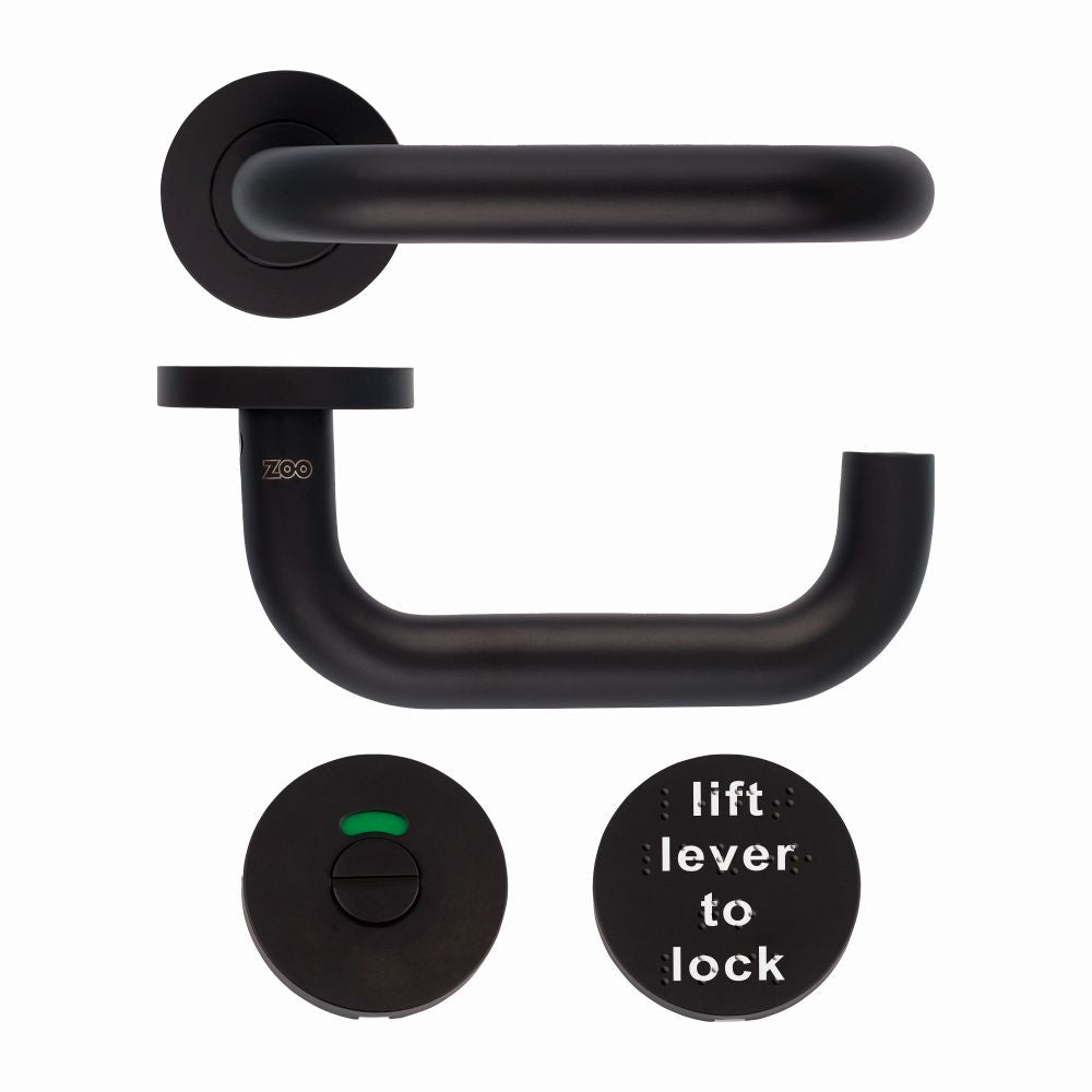 High quality image of the Zoo Hardware - 19mm Lift to Lock Tubular Return to Door Lever set -Push On Rose - Grade 304 - PCB - Black | Sku. zcs030ll-pcb | available to order from Trade Door Handles.