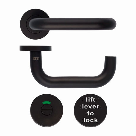 High quality image of the Zoo Hardware - 19mm Lift to Lock Tubular Return to Door Lever set -Push On Rose - Grade 304 - PCB - Black | Sku. zcs030ll-pcb | available to order from Trade Door Handles.