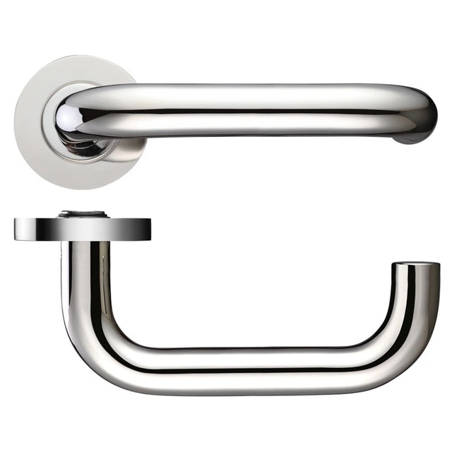 High quality image of the Zoo Hardware - 19mm Return to Door Lever on Round Rose - Polished Stainless Steel | Sku. zcs030ps | available to order from Trade Door Handles.