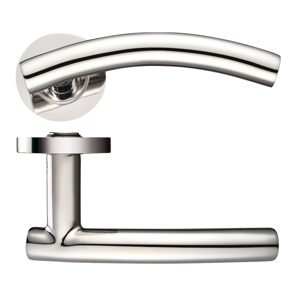High quality image of the Zoo Hardware - Arched "T-bar" Lever on round Rose - Polished Stainless Steel | Sku. zcs120ps | available to order from Trade Door Handles.