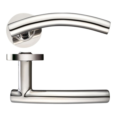 High quality image of the Zoo Hardware - Arched "T-bar" Lever on round Rose - Polished Stainless Steel | Sku. zcs120ps | available to order from Trade Door Handles.