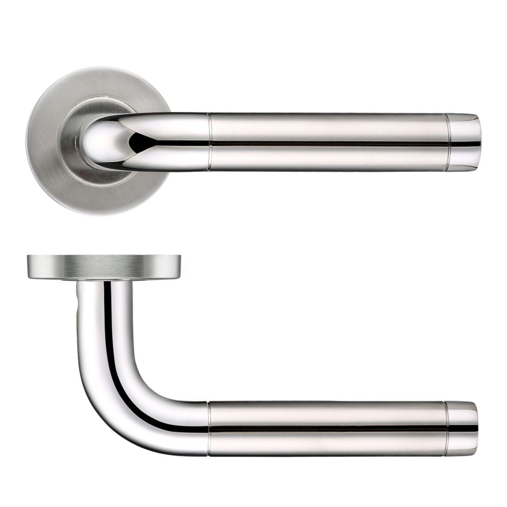 High quality image of the Zoo Hardware - 19mm Radius Dual Finish Lever - Push On Rose - 52mm Dia - Grade 201 - Polished Stainless Steel | Sku. zcs2060ssps | available to order from Trade Door Handles.