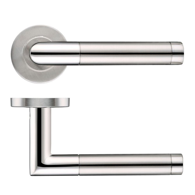High quality image of the Zoo Hardware - 19mm Mitred Dual Finish Lever - Push On Rose - 52mm Dia - Grade 201 - Polished Stainless Steel | Sku. zcs2110ssps | available to order from Trade Door Handles.