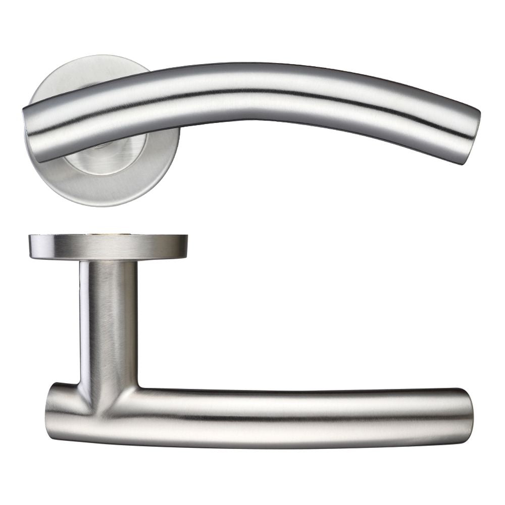High quality image of the Zoo Hardware - 19mm Arched T-Bar Lever - Push On Rose - 52mm Dia - Grade 201 - Stain Stainless Steel | Sku. zcs2120ss | available to order from Trade Door Handles.