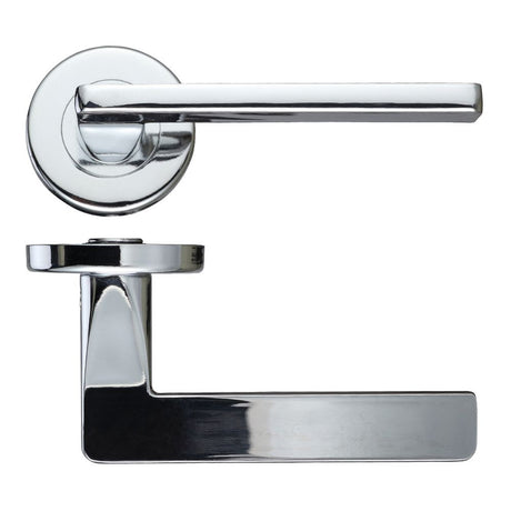 High quality image of the STANZA - Leon Lever - Push On Rose -115mm x 65mm - Polished Chrome | Sku. zcz010cp | available to order from Trade Door Handles.