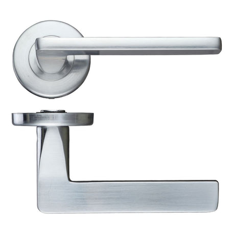 High quality image of the STANZA - Leon Lever - Push On Rose -115mm x 65mm - Satin Chrome | Sku. zcz010sc | available to order from Trade Door Handles.
