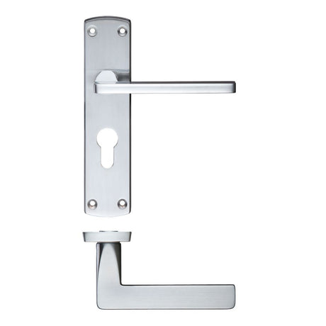 High quality image of the STANZA - Leon Lever Euro Lock (47.5mm c/c) On Backplate - Satin Chrome | Sku. zcz011epsc | available to order from Trade Door Handles.