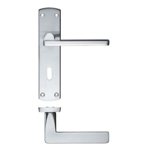 High quality image of the STANZA - Leon Lever Lock (57mm c/c) On Backplate 170mm x 40mm - Satin Chrome | Sku. zcz011sc | available to order from Trade Door Handles.