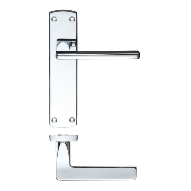 High quality image of the STANZA - Leon Lever Latch On Backplate 170mm x 40mm - Polished Chrome | Sku. zcz012cp | available to order from Trade Door Handles.