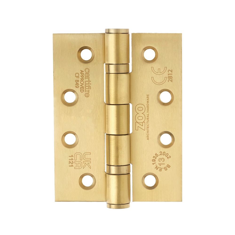 High quality image of the Zoo Hardware - Grade 13 Hinges - Ball Bearing 102mm x 76mm x 3mm Square Corner - PVD Satin Brass | Sku. zhss243-pvdsb | available to order from Trade Door Handles.