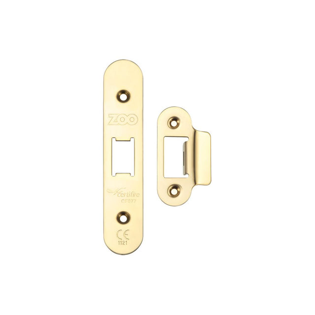 High quality image of the Zoo Hardware - Spare Acc Pk for UK Flat Latch - contains Radius Forend, Strike and Fixing Screws - PVD Brass | Sku. zlap13rpvd | available to order from Trade Door Handles.