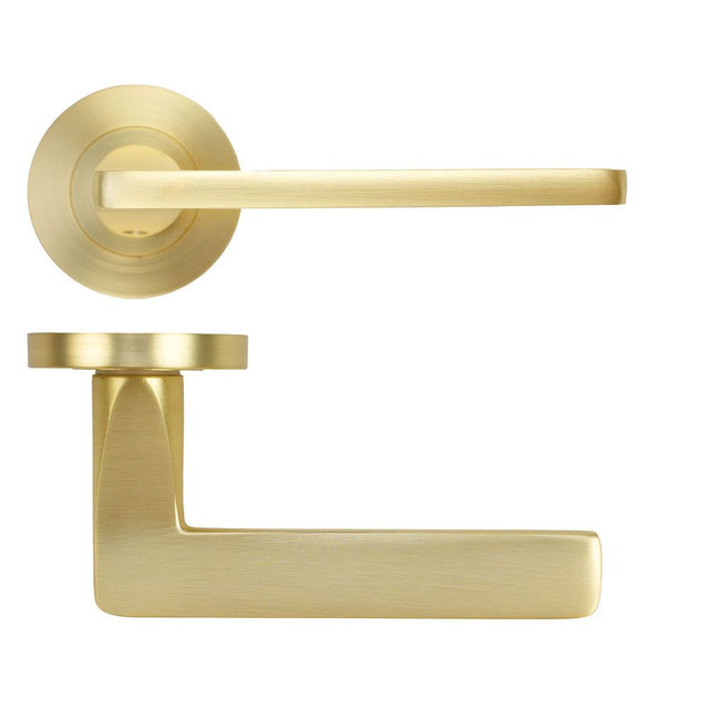 High quality image of the STANZA - Leon Lever on Rose - Satin Brass | Sku. ZPA010-SB | available to order from Trade Door Handles.