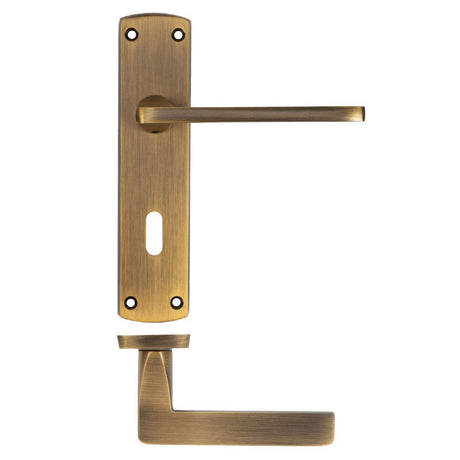High quality image of the STANZA - Leon Lever on Lock Backplate - Antique Brass | Sku. ZPA011-AB | available to order from Trade Door Handles.