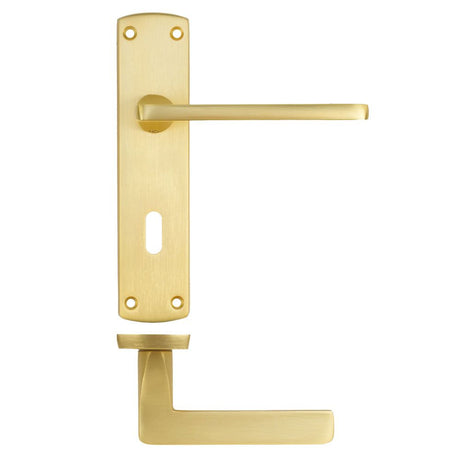 High quality image of the STANZA - Leon Lever on Lock Backplate - Satin Brass | Sku. ZPA011-SB | available to order from Trade Door Handles.