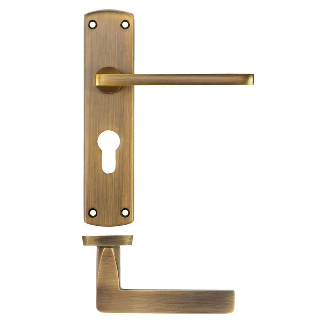 High quality image of the STANZA - Leon Lever on Euro Backplate - Antique Brass | Sku. ZPA011EP-AB | available to order from Trade Door Handles.
