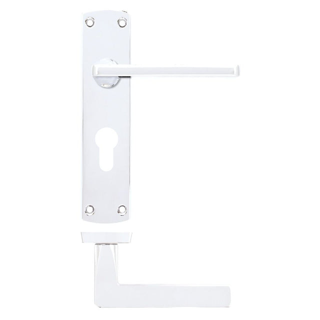 High quality image of the STANZA - Leon Lever on Euro Backplate Polished Chrome | Sku. zpa011ep-cp | available to order from Trade Door Handles.