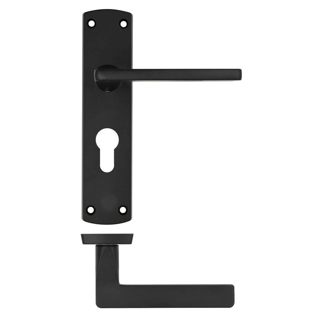 High quality image of the STANZA - Leon Lever on Euro Backplate Black | Sku. zpa011ep-mb | available to order from Trade Door Handles.
