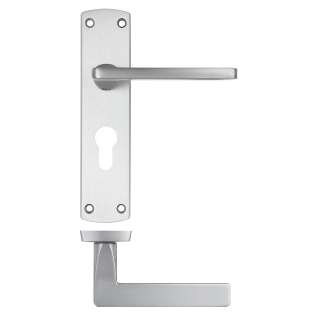 High quality image of the STANZA - Leon Lever on Euro Backplate - Satin Chrome | Sku. zpa011ep-sc | available to order from Trade Door Handles.