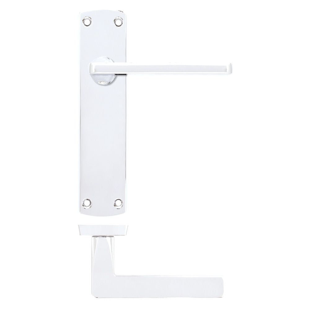 High quality image of the STANZA - Leon Lever on Latch Backplate Polished Chrome | Sku. zpa012-cp | available to order from Trade Door Handles.
