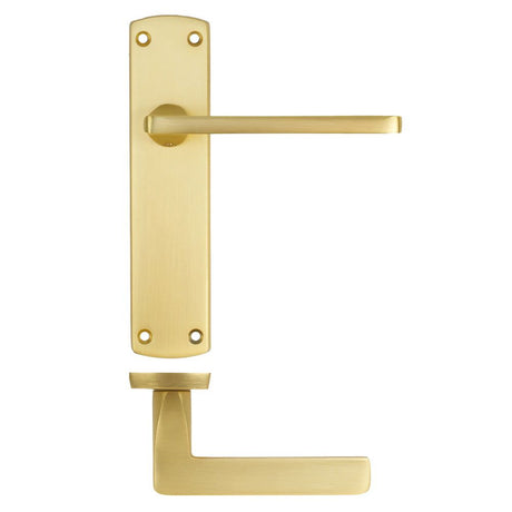 High quality image of the STANZA - Leon Lever on Latch Backplate - Satin Brass | Sku. ZPA012-SB | available to order from Trade Door Handles.